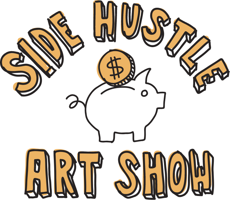 Side Hustle Group Art Show logo with a hand-drawn piggy bank and SH monogram coin icon